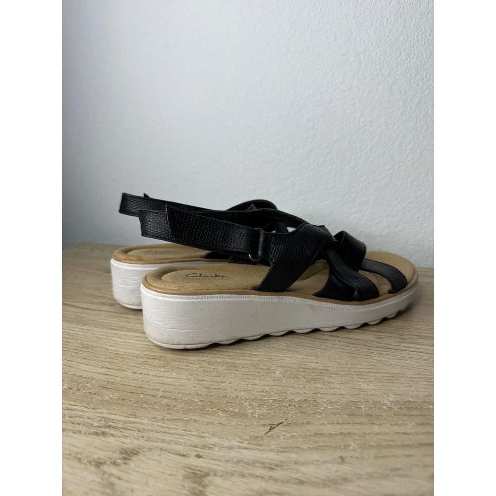 Clarks Collection Jillian Black Snakeskin Strappy Wedge Sandals‎ Womens 10W
